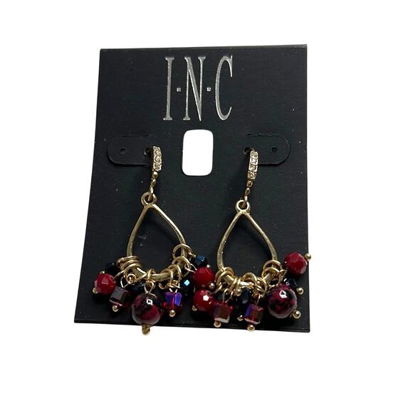INC International Concepts Gold Dangle Teardrop Earrings w/ Red Beads, NWT! - Picture 1 of 4